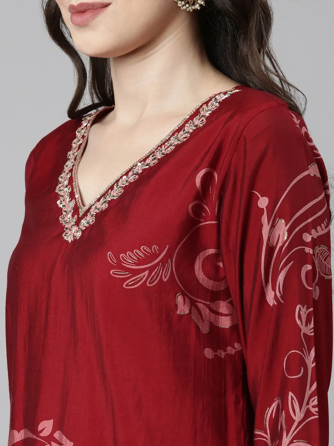 Neerus Maroon Casual  Straight Kurta and Trousers With Dupatta