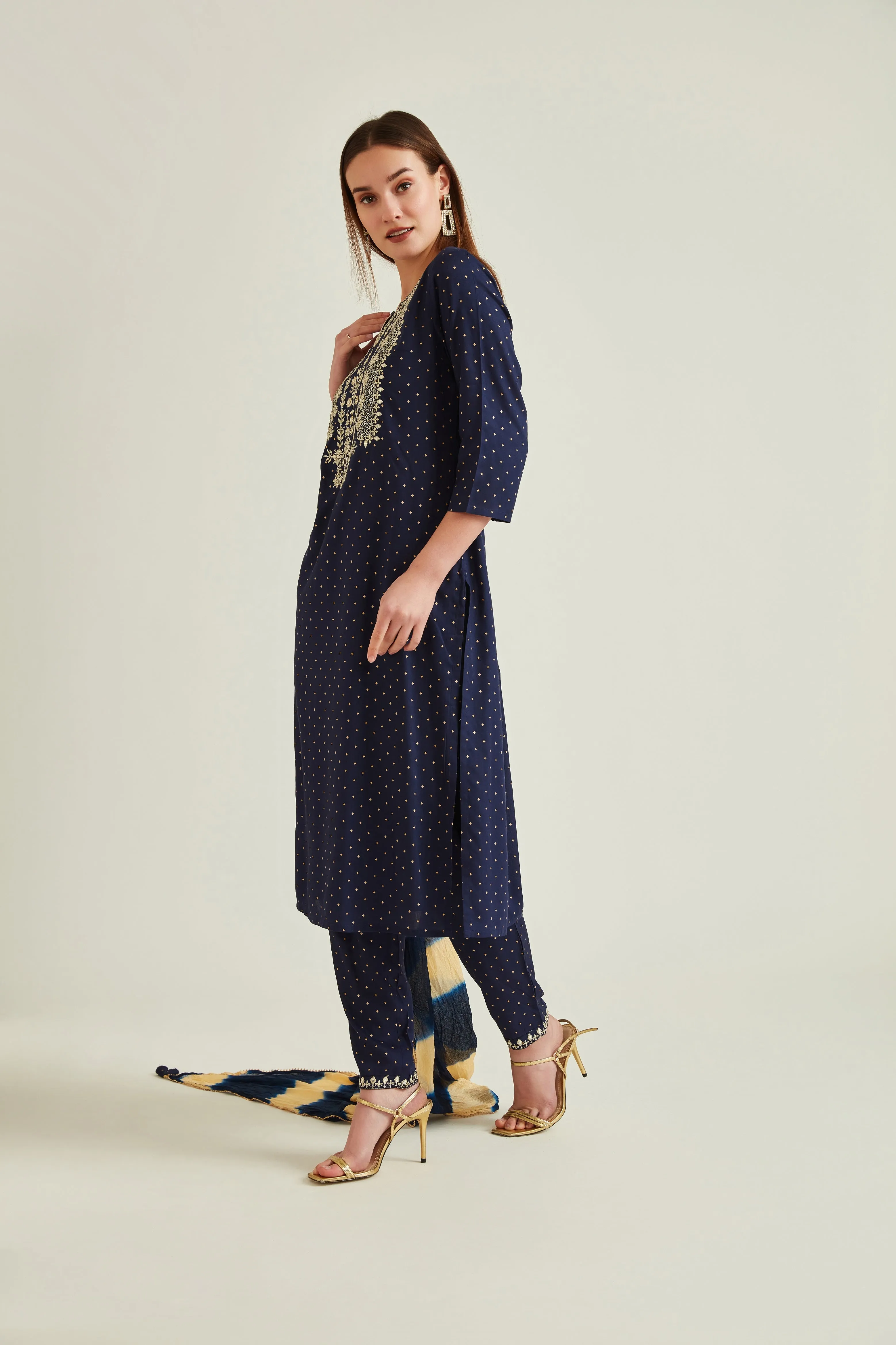 Neerus Women Navy Blue Embroidered Kurta with Trousers With Dupatta