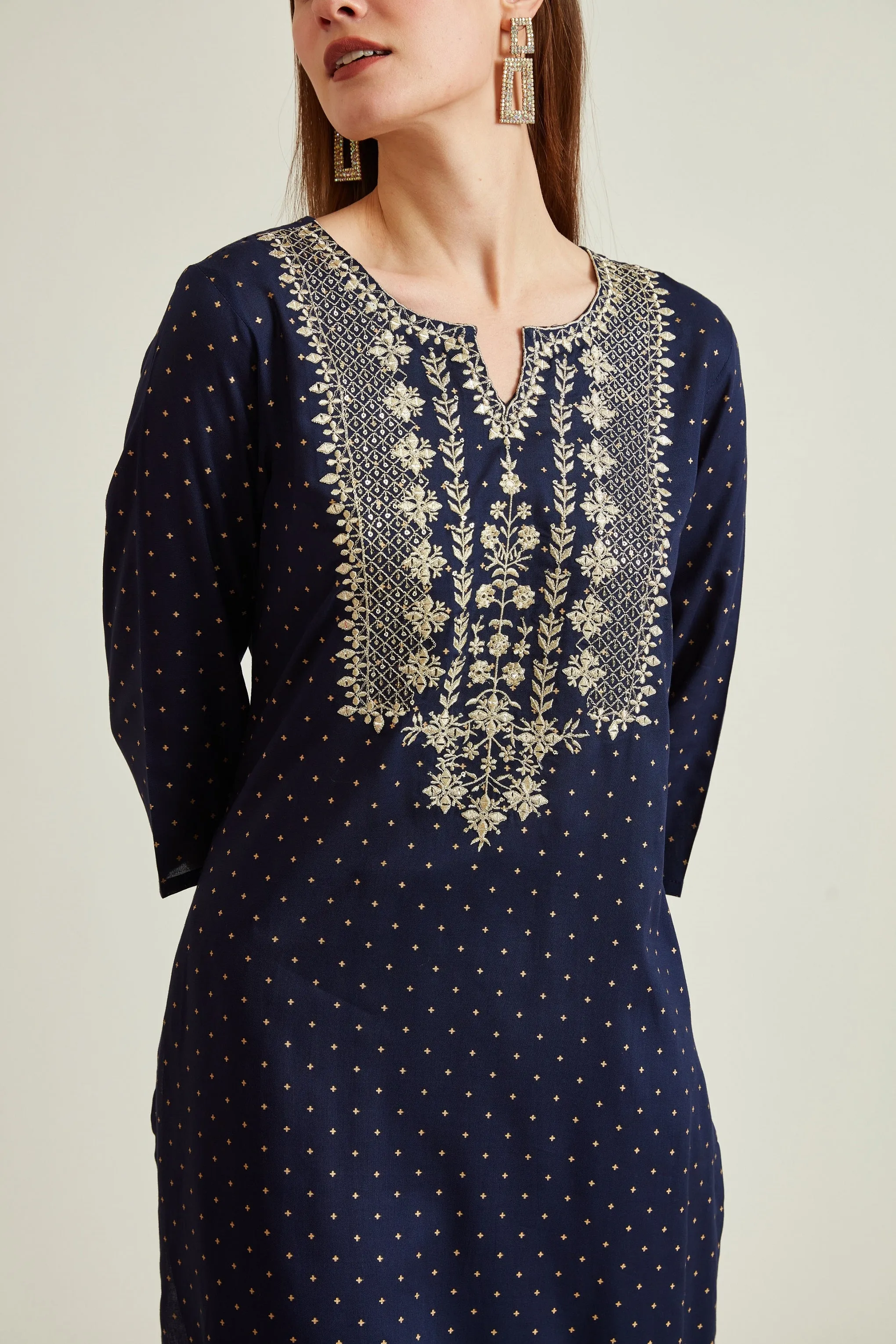 Neerus Women Navy Blue Embroidered Kurta with Trousers With Dupatta