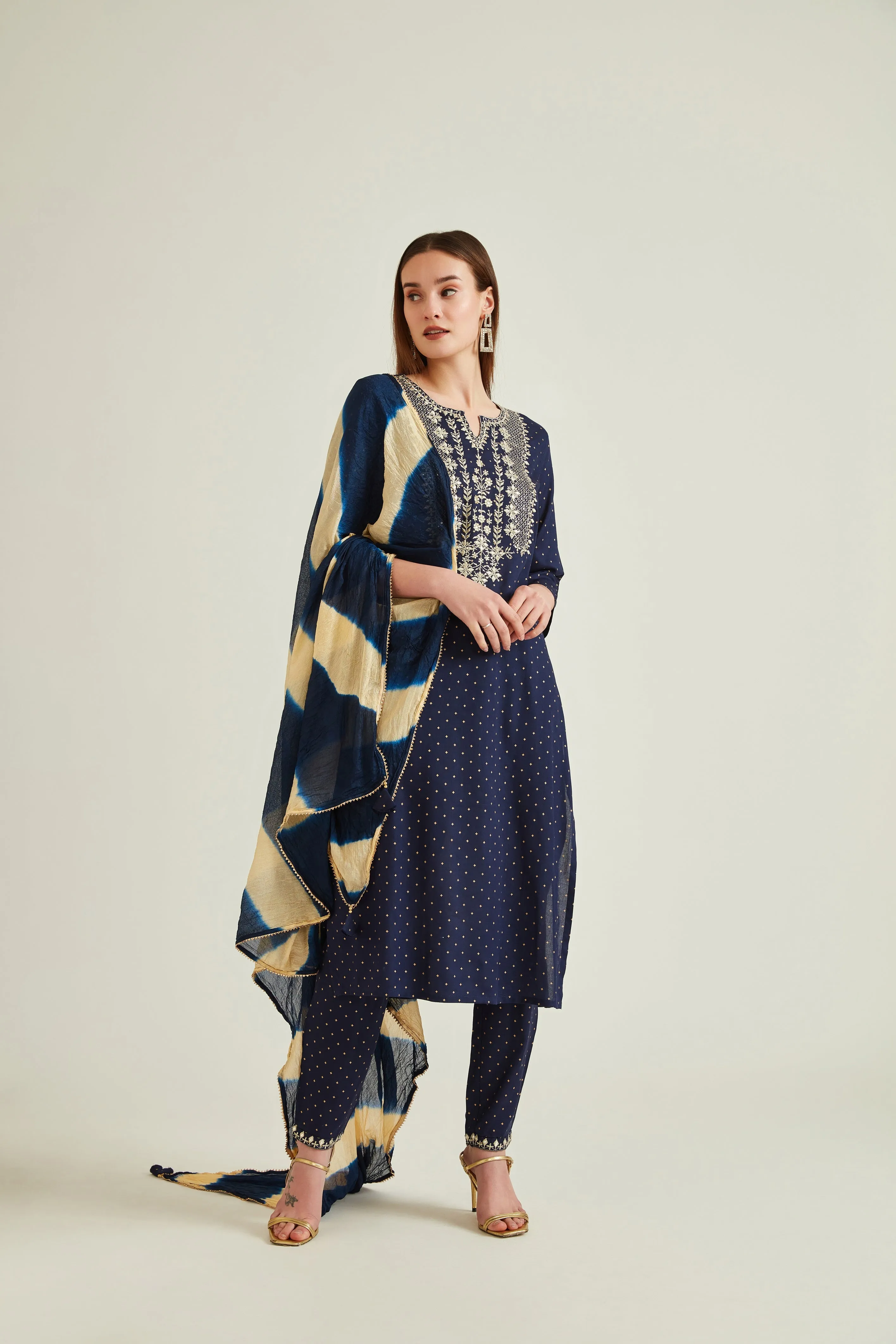 Neerus Women Navy Blue Embroidered Kurta with Trousers With Dupatta