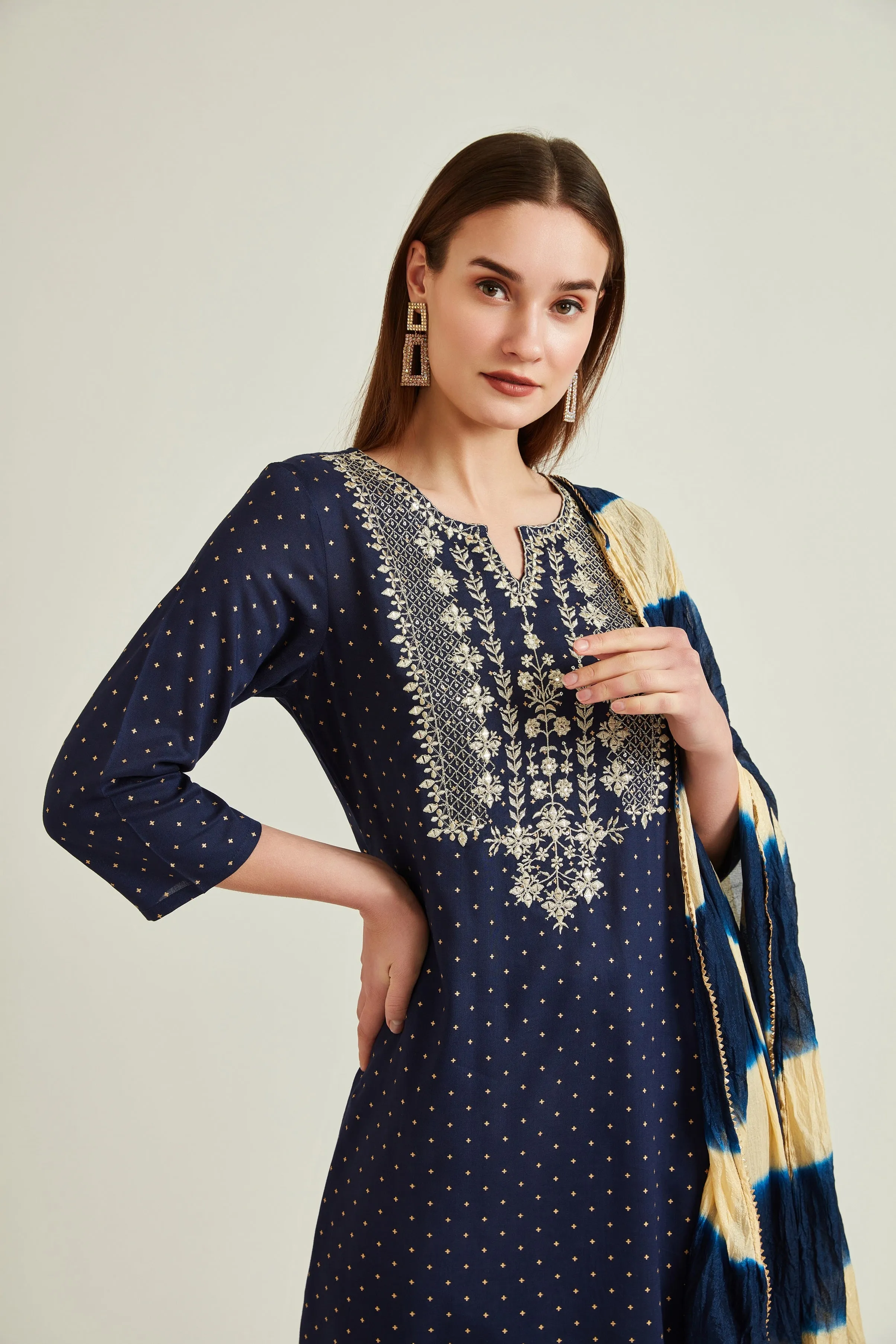 Neerus Women Navy Blue Embroidered Kurta with Trousers With Dupatta