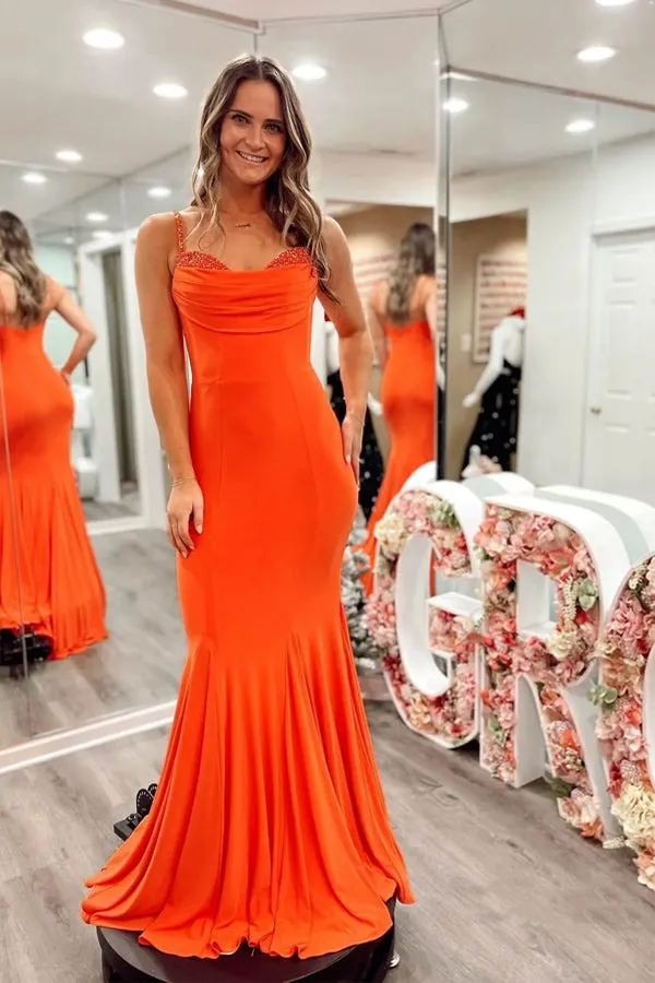 Orange Spandex Mermaid Prom Dresses,Strap Formal Dresses