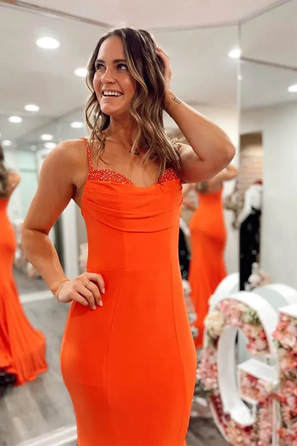 Orange Spandex Mermaid Prom Dresses,Strap Formal Dresses