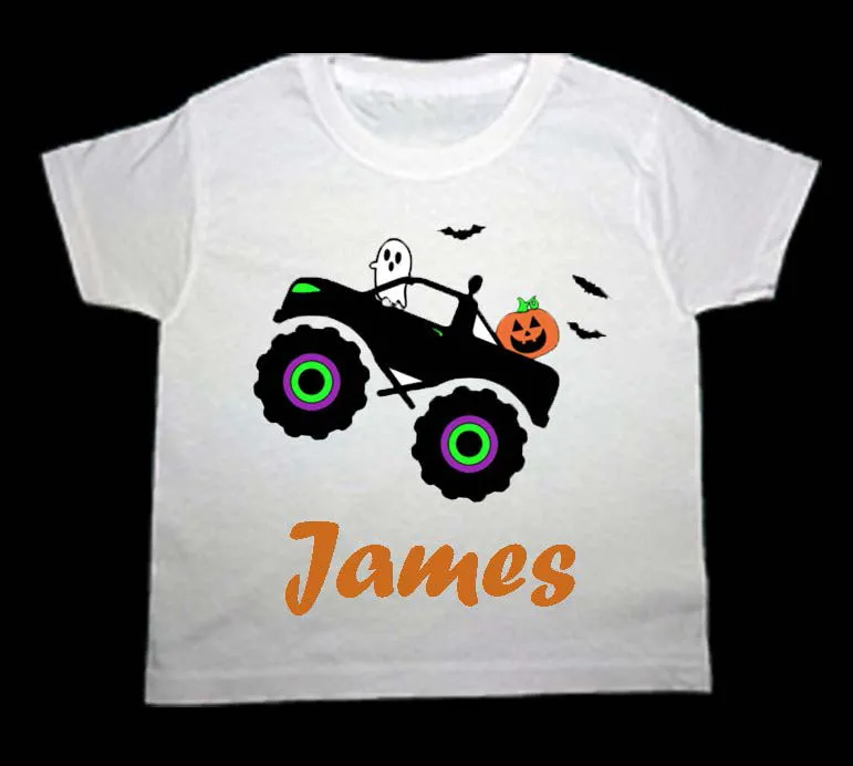 Personalised Tee from Toddlers to Youth sizes. A pumpkin and ghost riding in a truck add a playful fun of Halloween. Comfy and excellent quality T-Shirts