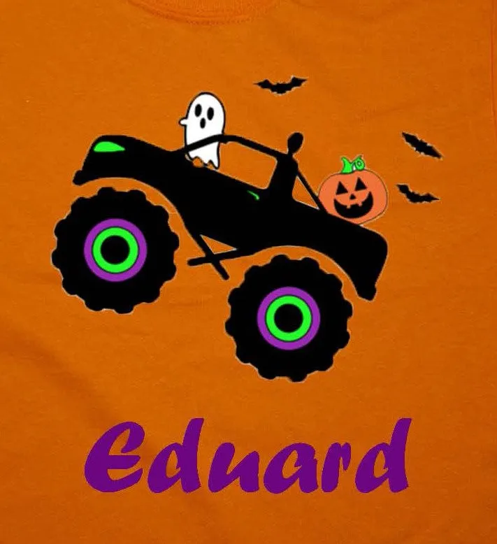 Personalised Tee from Toddlers to Youth sizes. A pumpkin and ghost riding in a truck add a playful fun of Halloween. Comfy and excellent quality T-Shirts