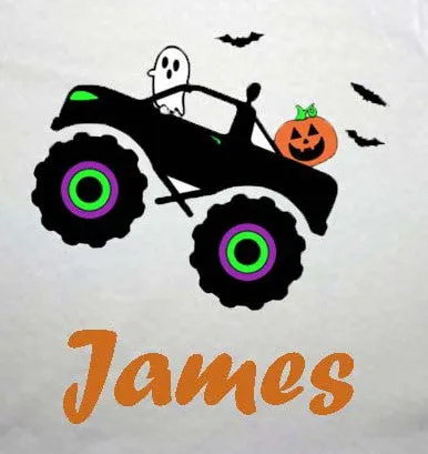 Personalised Tee from Toddlers to Youth sizes. A pumpkin and ghost riding in a truck add a playful fun of Halloween. Comfy and excellent quality T-Shirts