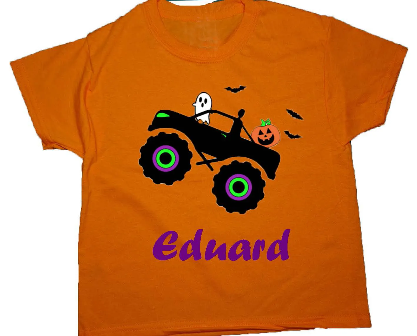 Personalised Tee from Toddlers to Youth sizes. A pumpkin and ghost riding in a truck add a playful fun of Halloween. Comfy and excellent quality T-Shirts