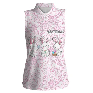 Pink Easter Bunny Eggs Pattern Golf Shirt Custom Womens Sleeveless Polo Shirt, Golf Shirts For Women