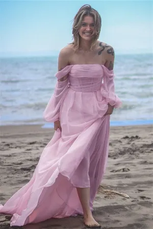 Pink Off the Shoulder Prom Dresses, Vocation Dresses, Newest Prom Dresses, Simple Beach Wedding Dresses