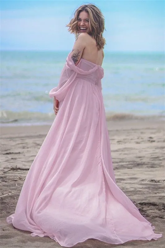 Pink Off the Shoulder Prom Dresses, Vocation Dresses, Newest Prom Dresses, Simple Beach Wedding Dresses