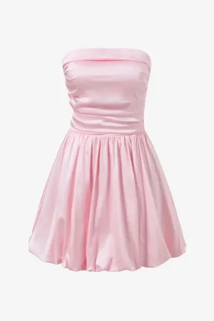 Pink Satin Strapless Bubble Mini Dress