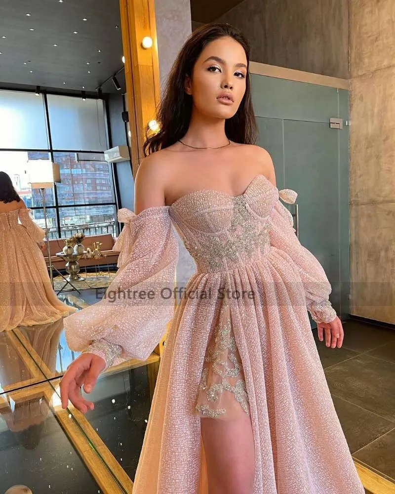 Pink Wedding Dresses Puff Long Sleeve Bride Dress Split Side A Line Sexy Beach Wedding Gowns Robe de Mariee