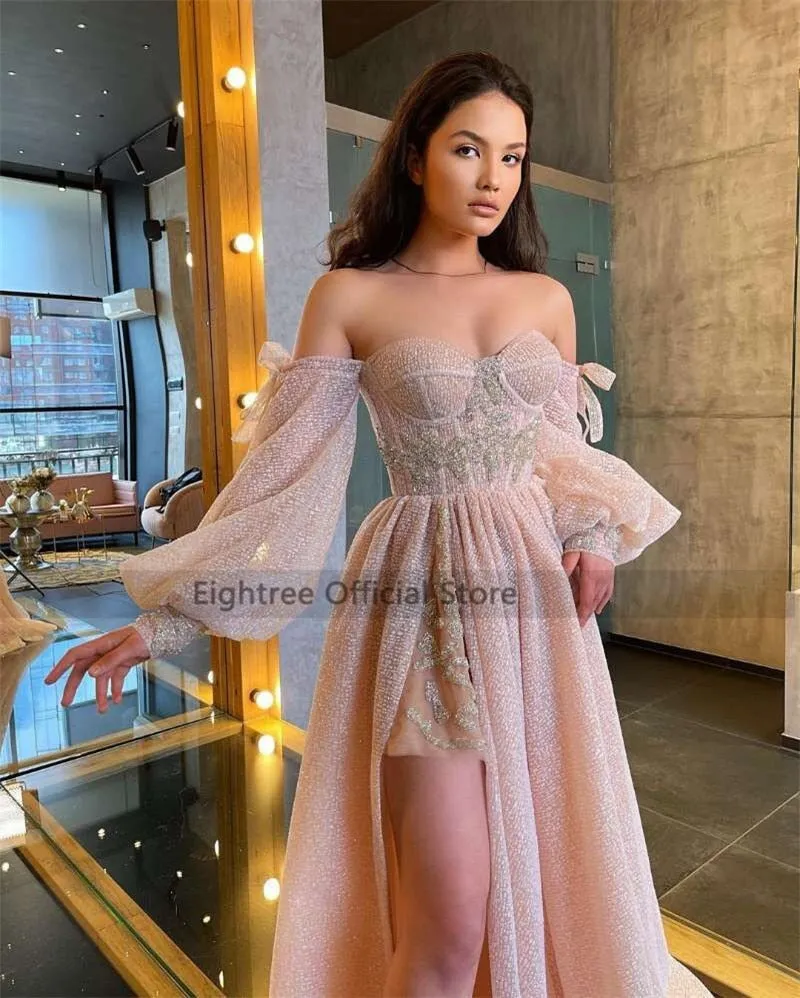 Pink Wedding Dresses Puff Long Sleeve Bride Dress Split Side A Line Sexy Beach Wedding Gowns Robe de Mariee