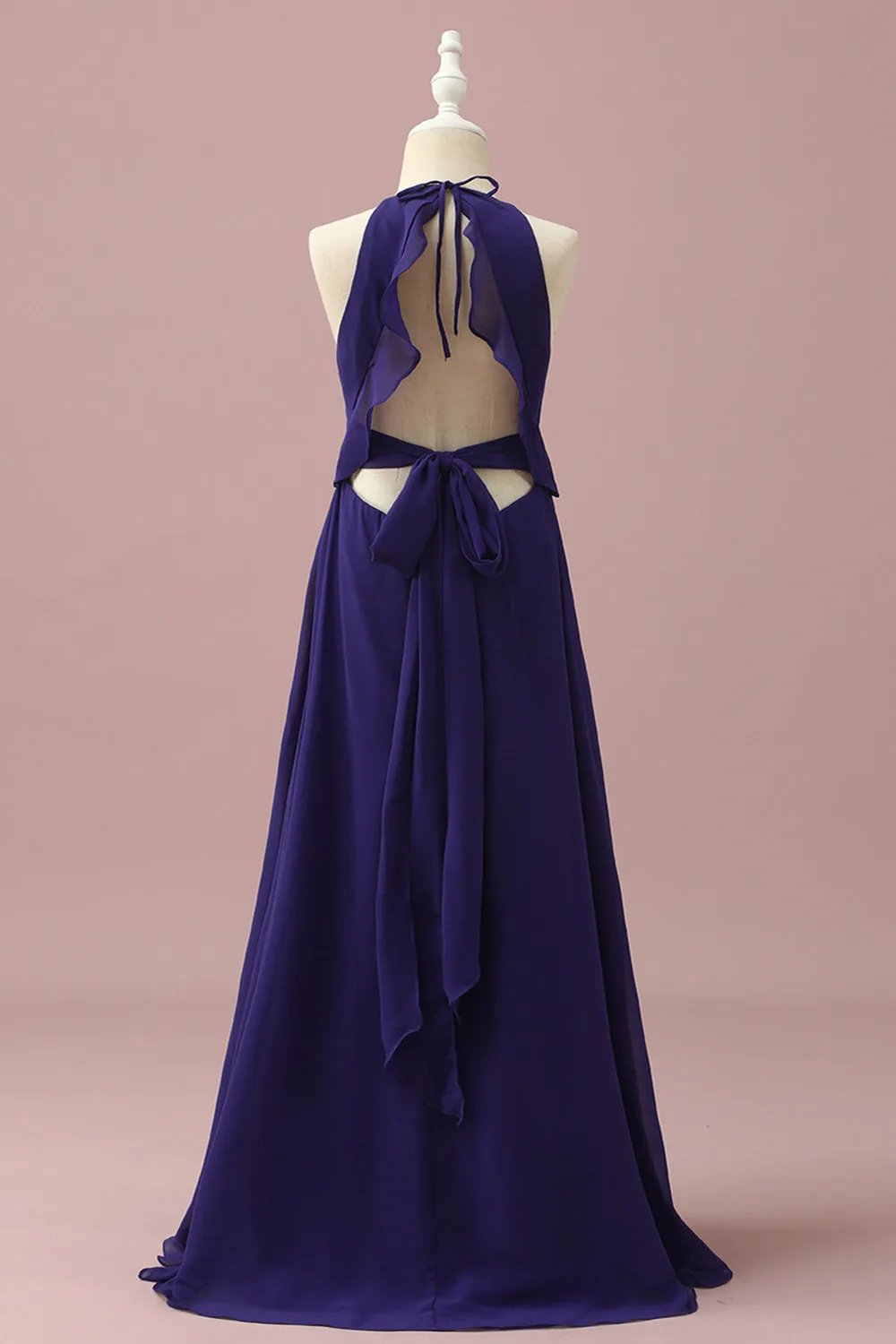 Purple Halter Chiffon Junior Bridesmaid Dress With Cascading Ruffles