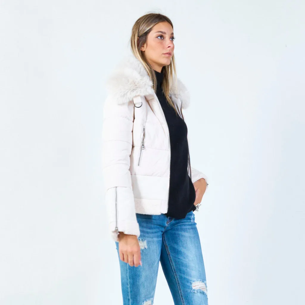 Short padded jacket with faux fur collar wholesale