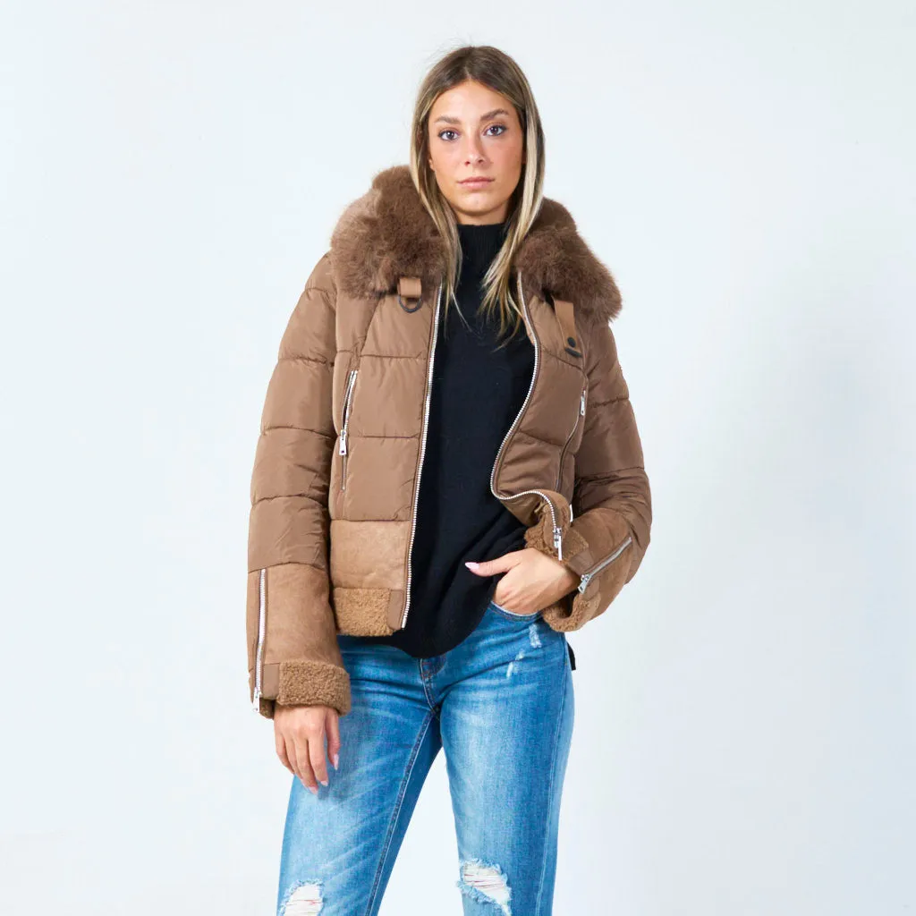 Short padded jacket with faux fur collar wholesale