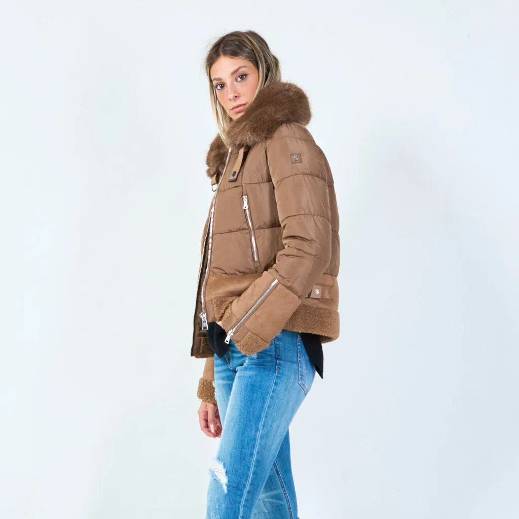 Short padded jacket with faux fur collar wholesale