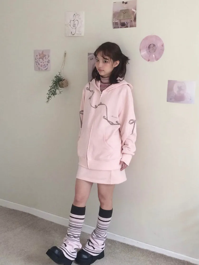 Sic Astra Soft Baby Pink Ribbon Hoodie Skirt Set