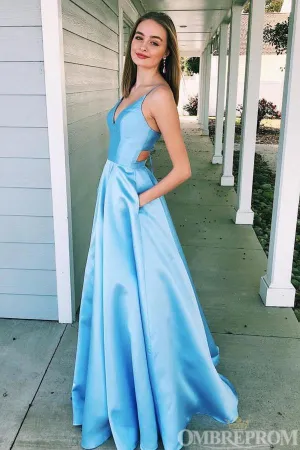 Simple Blue Prom Dresses Spaghetti Straps Satin Long Evening Dresses