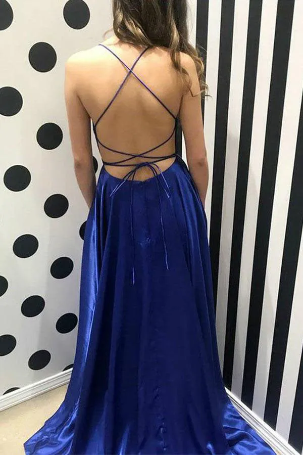 Simple Blue Spaghetti Straps Long Prom Dresses Evening Dress with Thigh Slit, M306