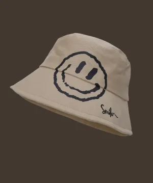 Simple Khaki Graphic Embroidery Patchwork Smiling Face Bucket Hat