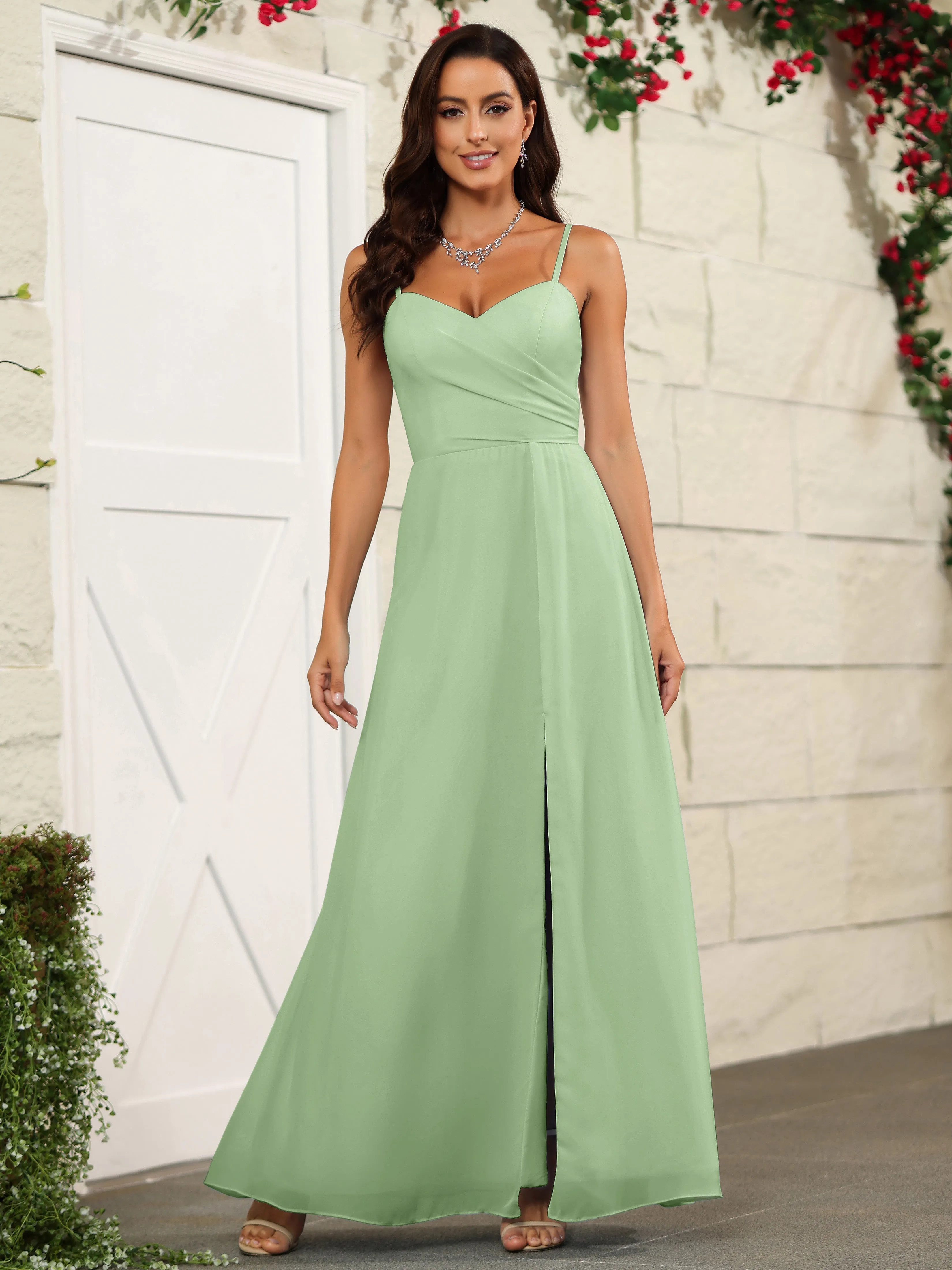 Simple Spaghetti Straps Chiffon Long Bridesmaid Dresses