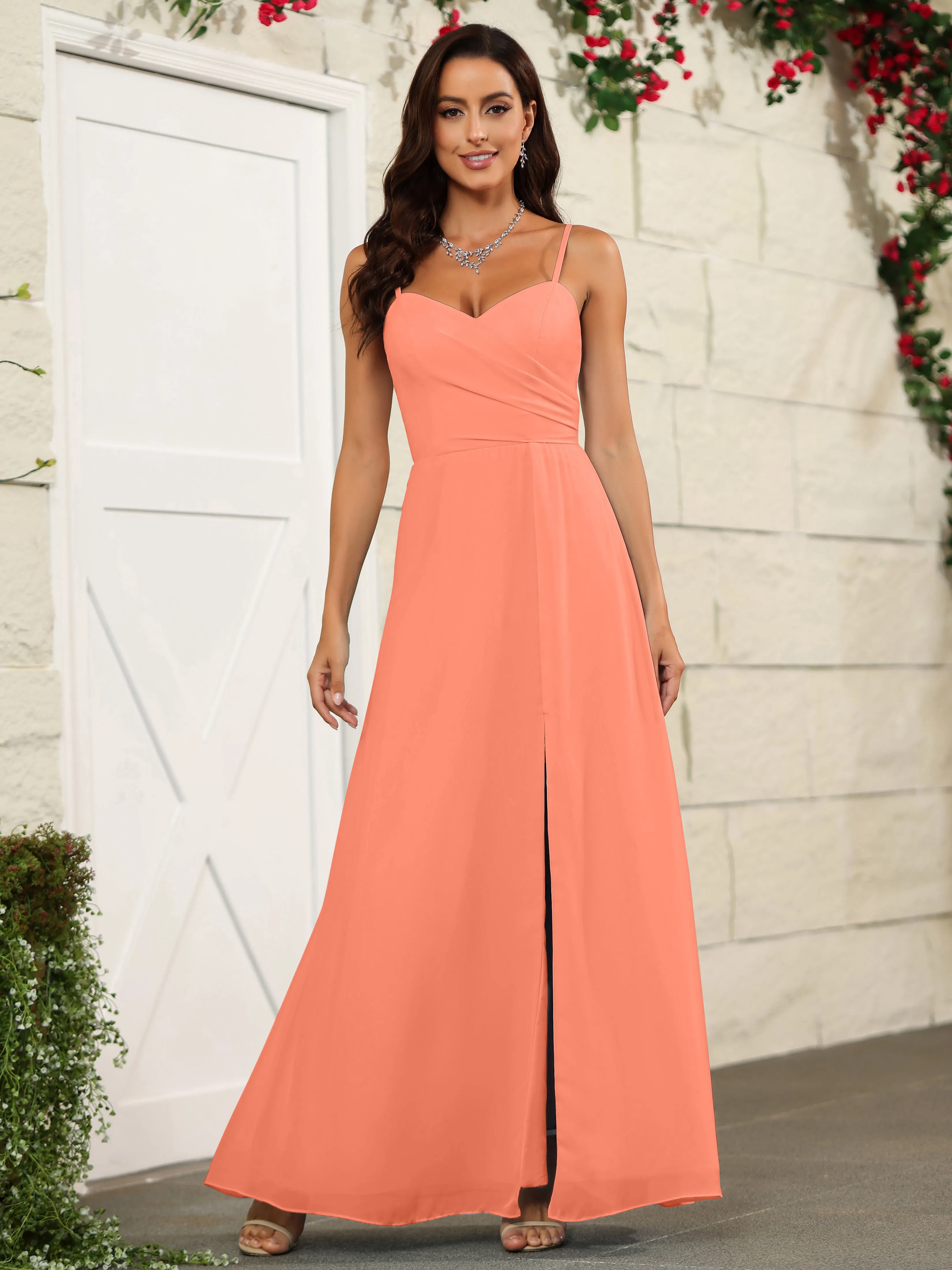 Simple Spaghetti Straps Chiffon Long Bridesmaid Dresses