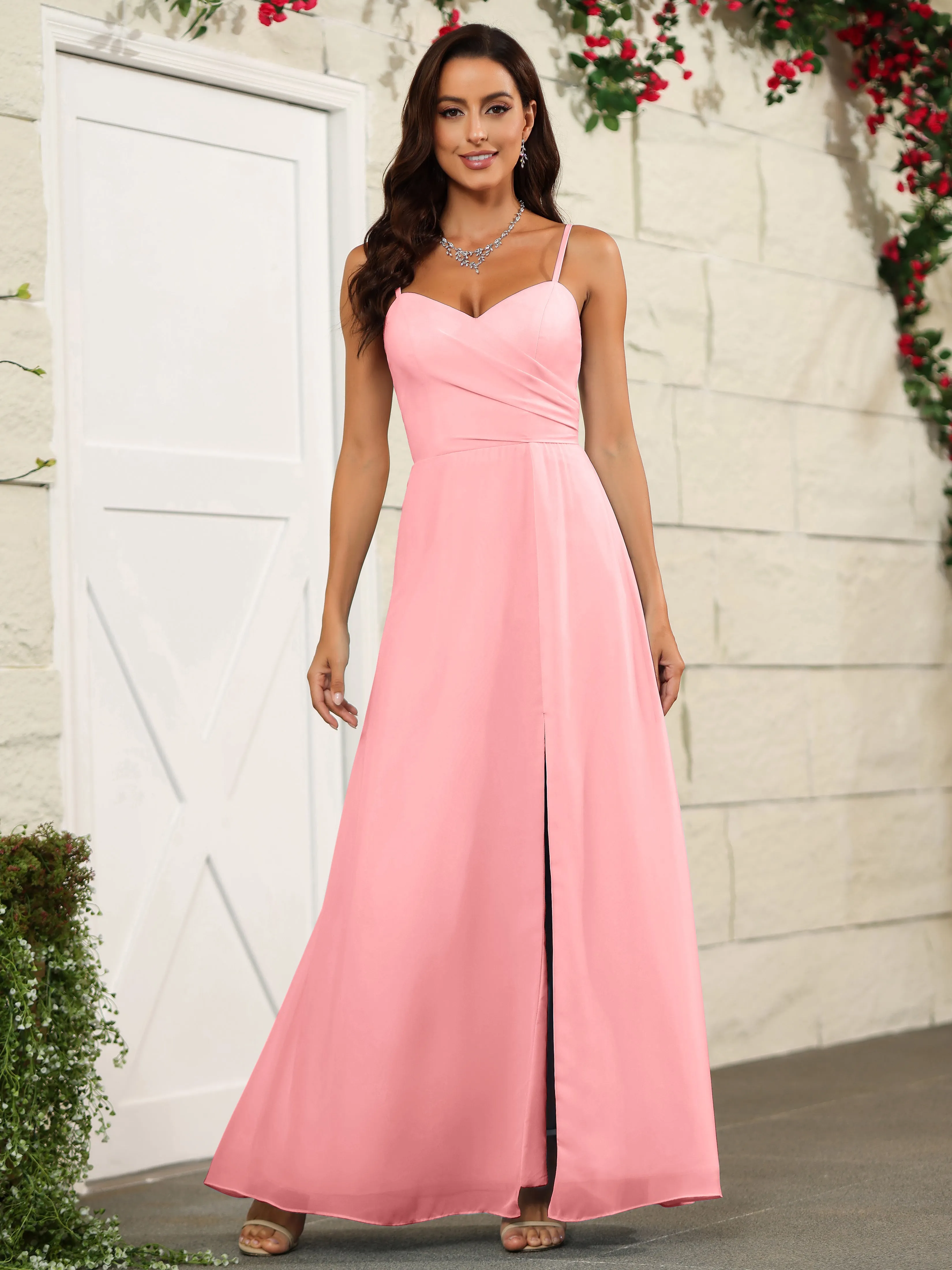 Simple Spaghetti Straps Chiffon Long Bridesmaid Dresses