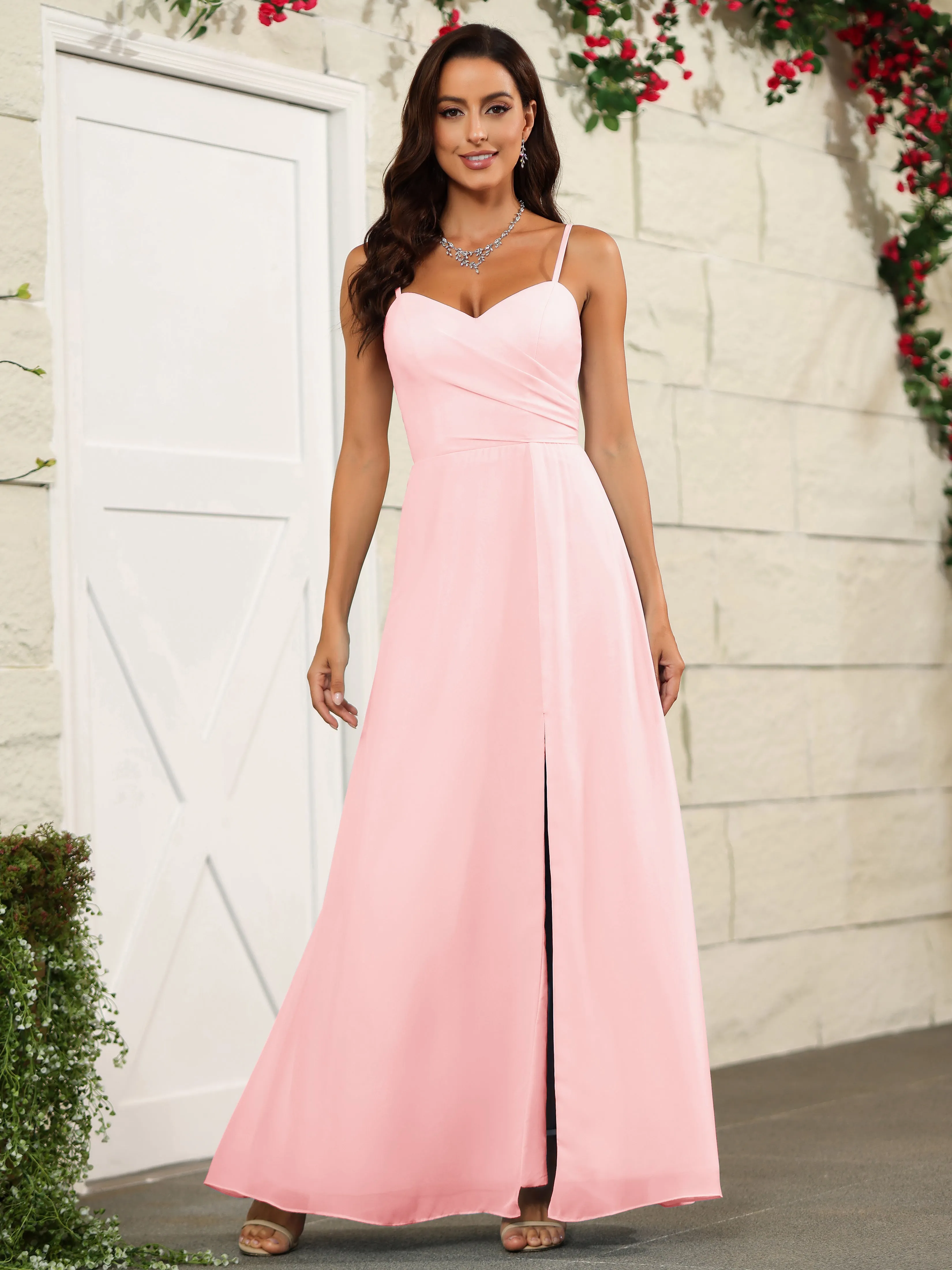 Simple Spaghetti Straps Chiffon Long Bridesmaid Dresses