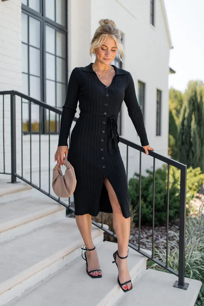 Simple Style Black Button Detail Ribbed Midi Dress