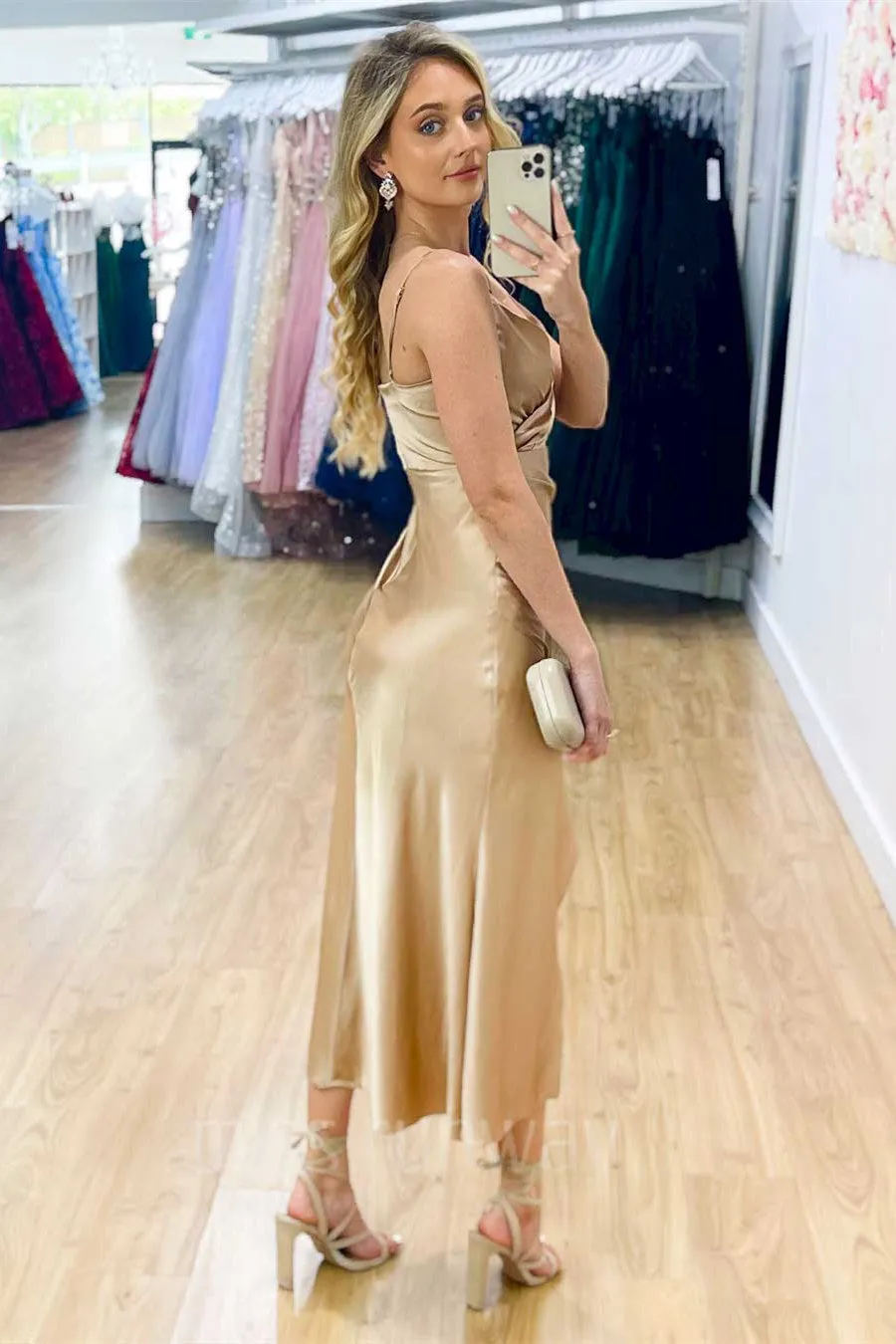 Simple V-Neck Champagne Midi Prom Dress