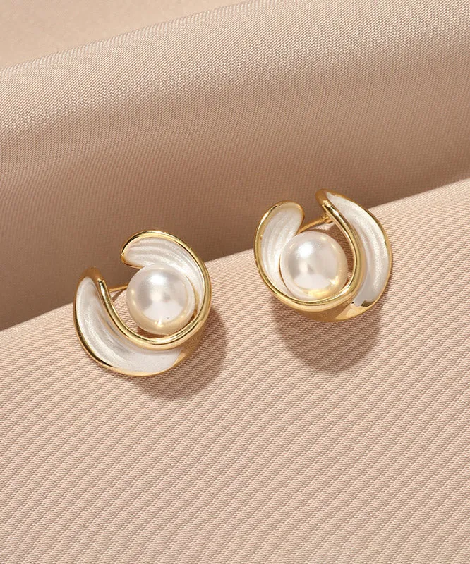 Simple White Copper Overgild Pearl Stud Earrings