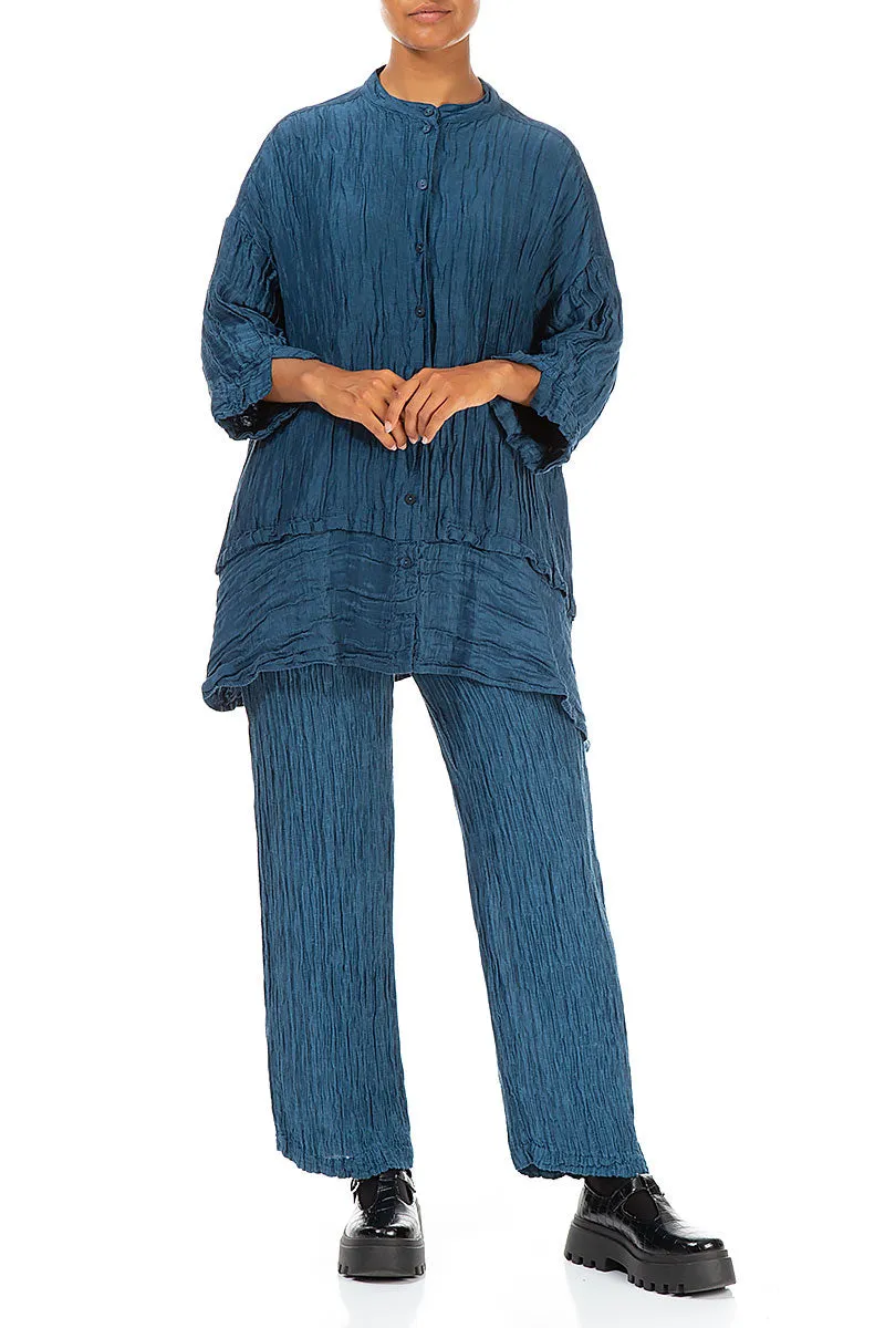 Straight Crinkled Petrol Blue Silk Trousers