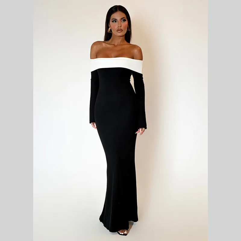 Strapless long-sleeved black maxi dress