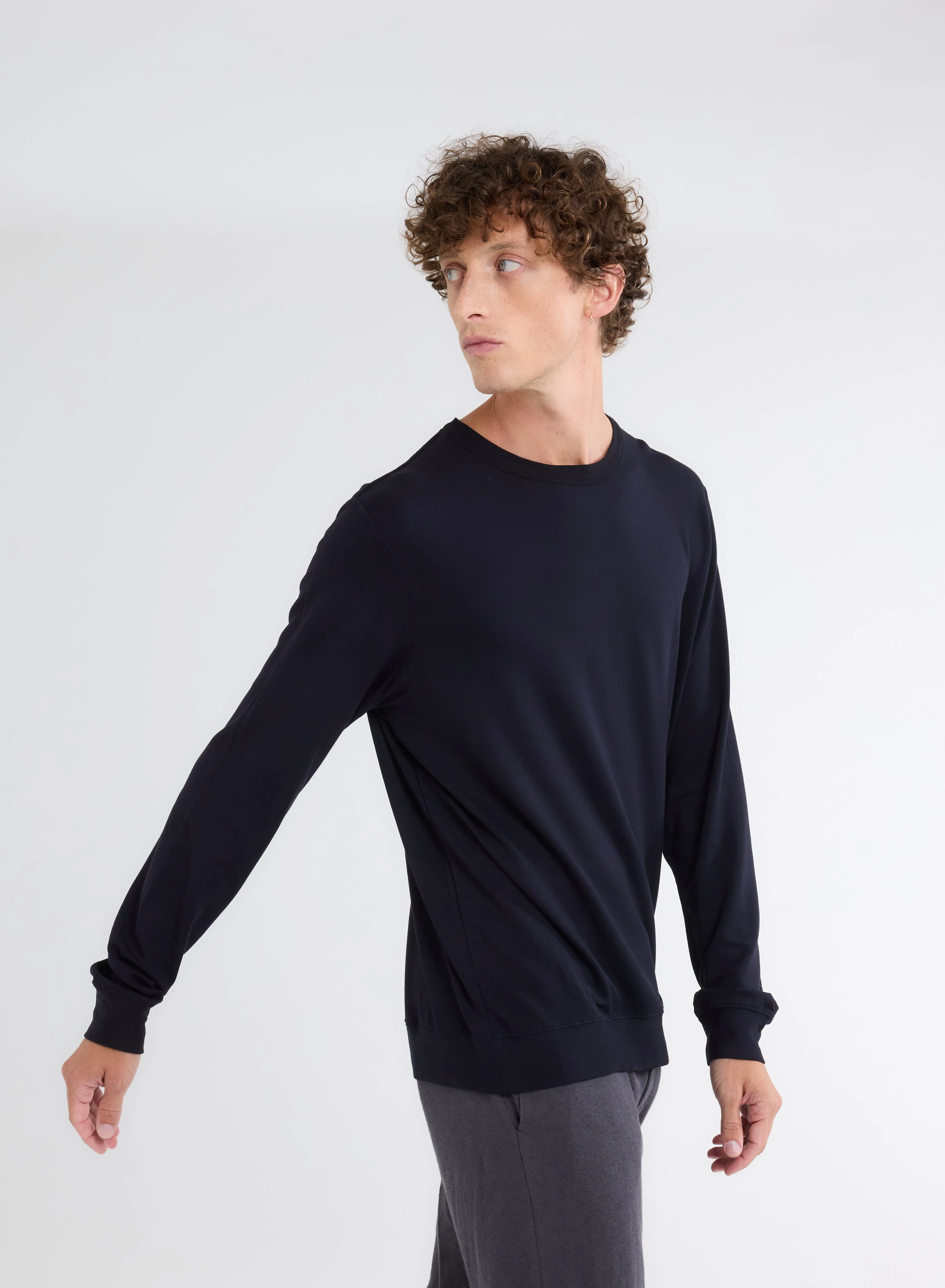 Sweat Marine Col Rond Manches Longues en Viscose et Élasthanne