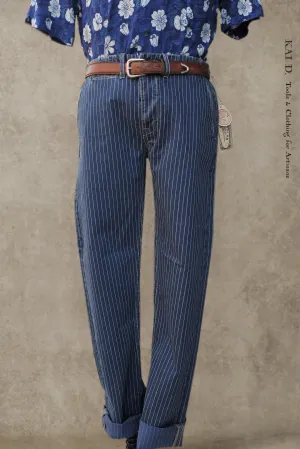 Wabash Stripe Cotton Trousers - Dark indigo - 30, 34, 36