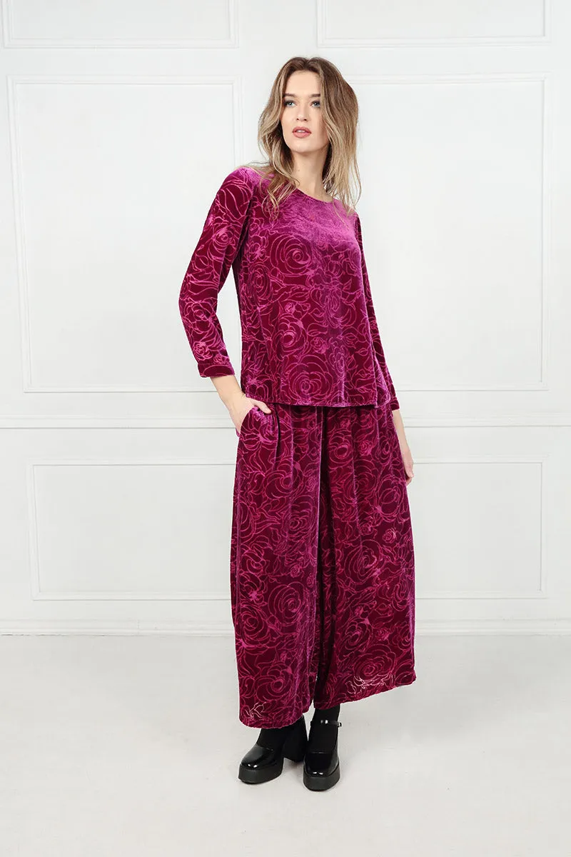 Wide Devoré Roses Royal Fuchsia Silk Velvet Trousers