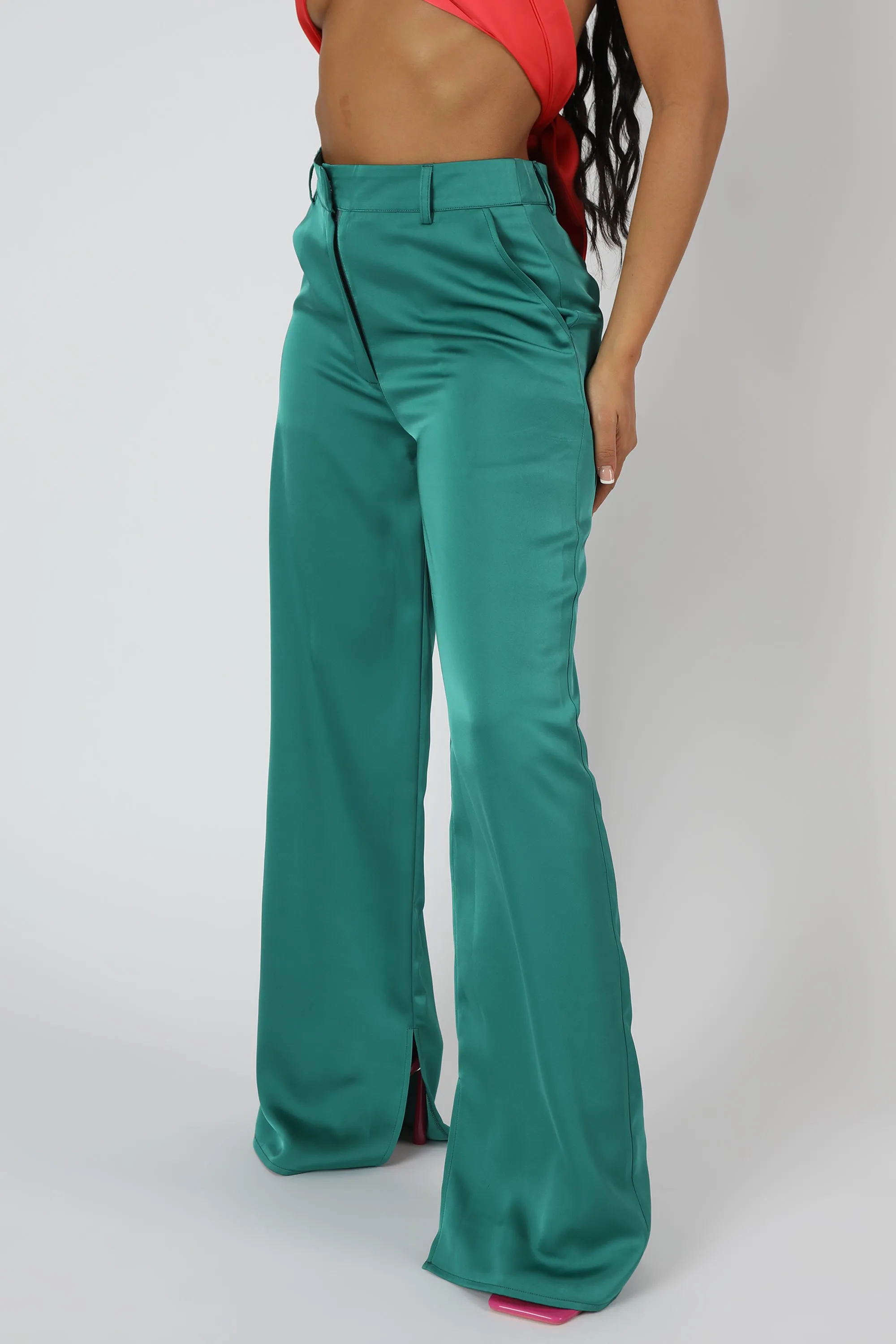 Wide Leg Split Hem Satin Tailored Trousers Green