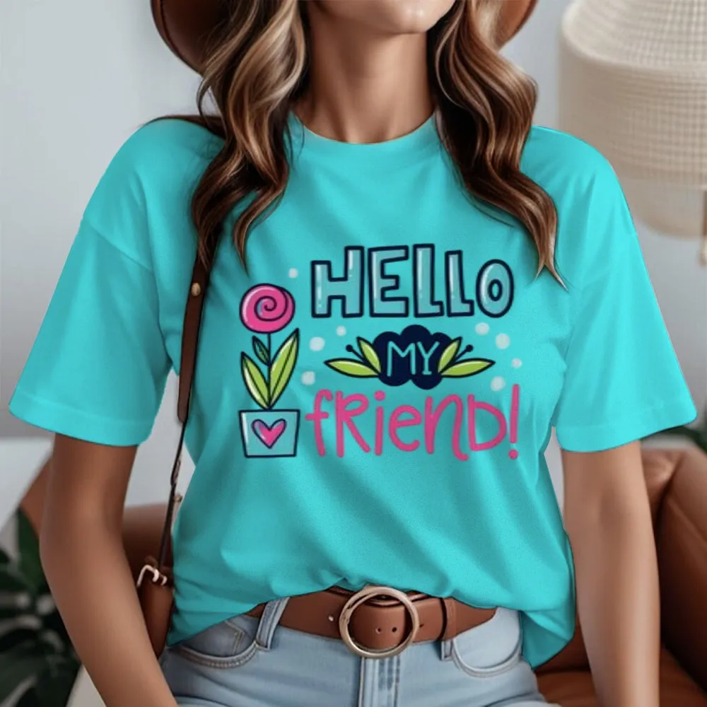 Women Hello My Friends Letter And Flower Print Graphic T-shirt