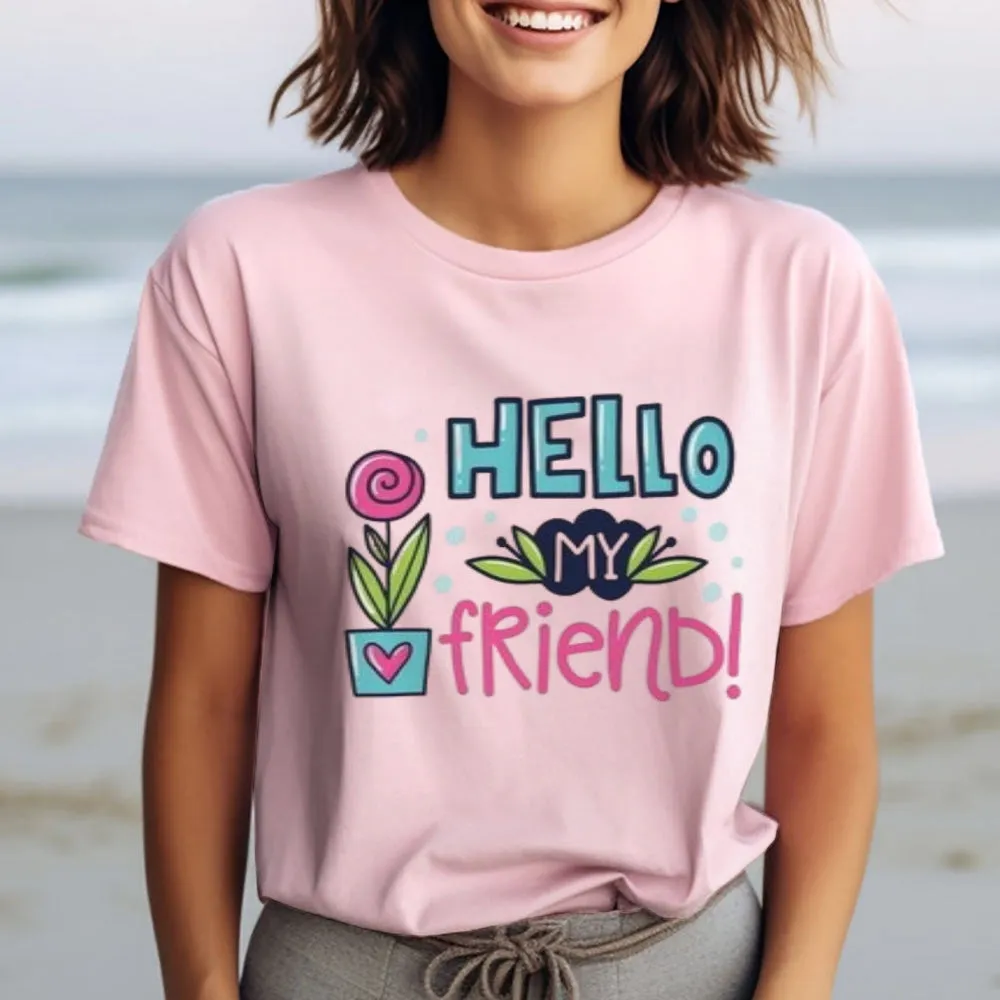 Women Hello My Friends Letter And Flower Print Graphic T-shirt