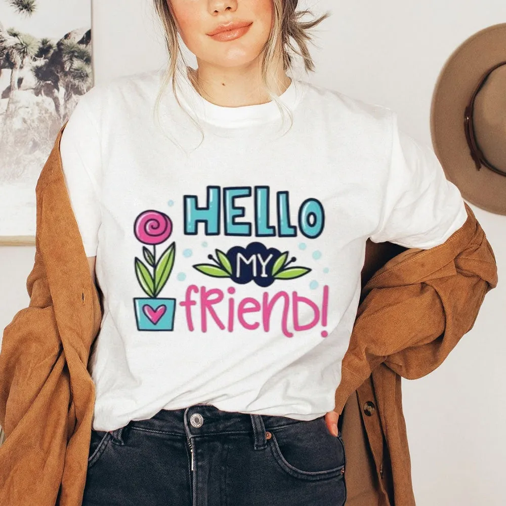 Women Hello My Friends Letter And Flower Print Graphic T-shirt