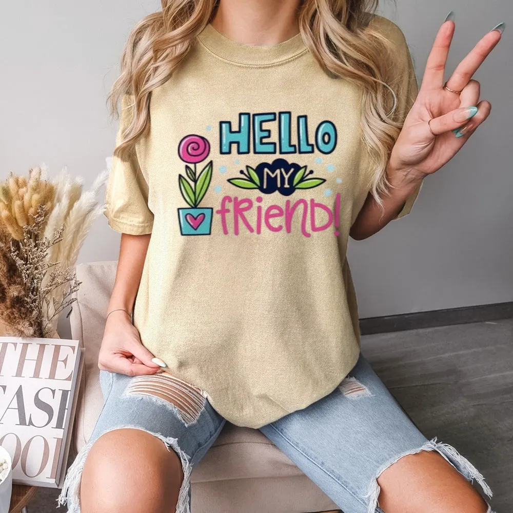 Women Hello My Friends Letter And Flower Print Graphic T-shirt