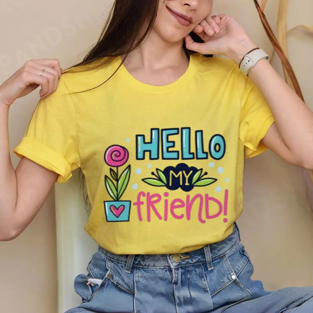 Women Hello My Friends Letter And Flower Print Graphic T-shirt