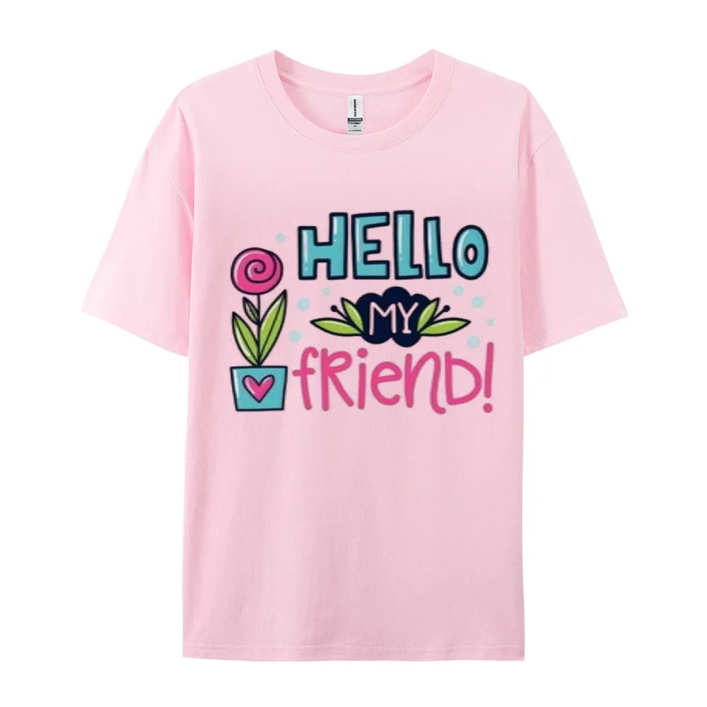 Women Hello My Friends Letter And Flower Print Graphic T-shirt