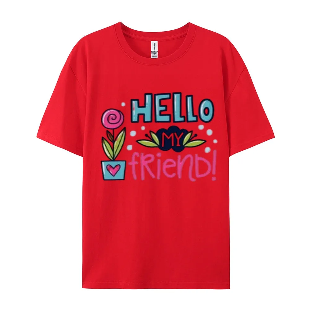 Women Hello My Friends Letter And Flower Print Graphic T-shirt