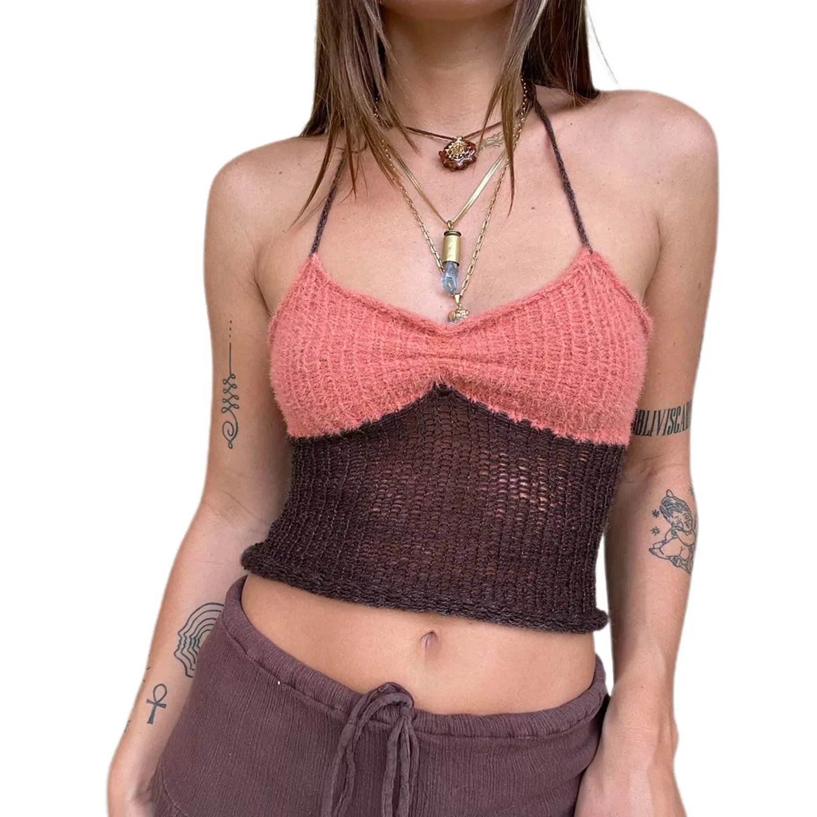 Women Knitted Crop Top Halter Neck Sleeveless Backless Hollow Out Slim Contrast Color Tank Y2k Top