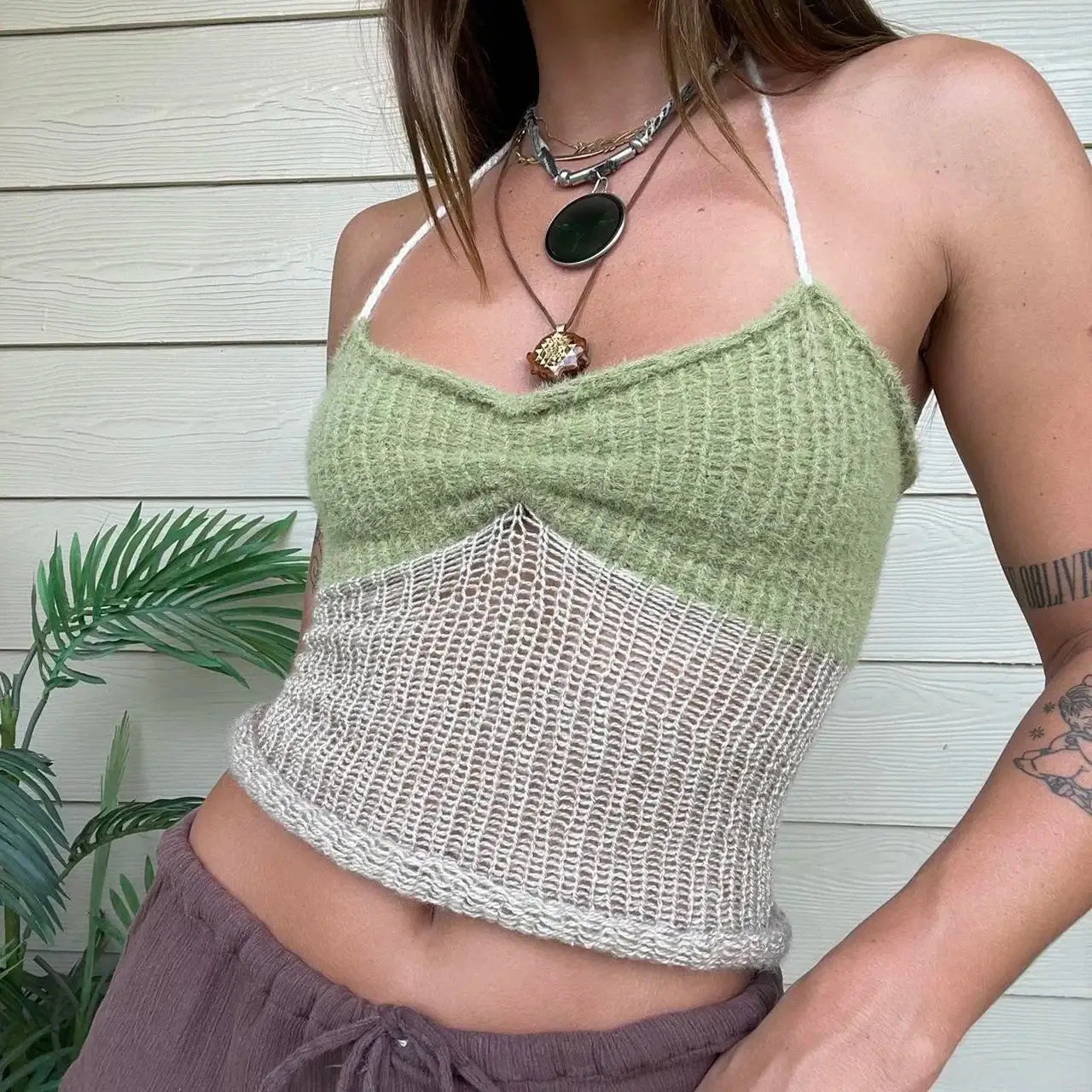 Women Knitted Crop Top Halter Neck Sleeveless Backless Hollow Out Slim Contrast Color Tank Y2k Top