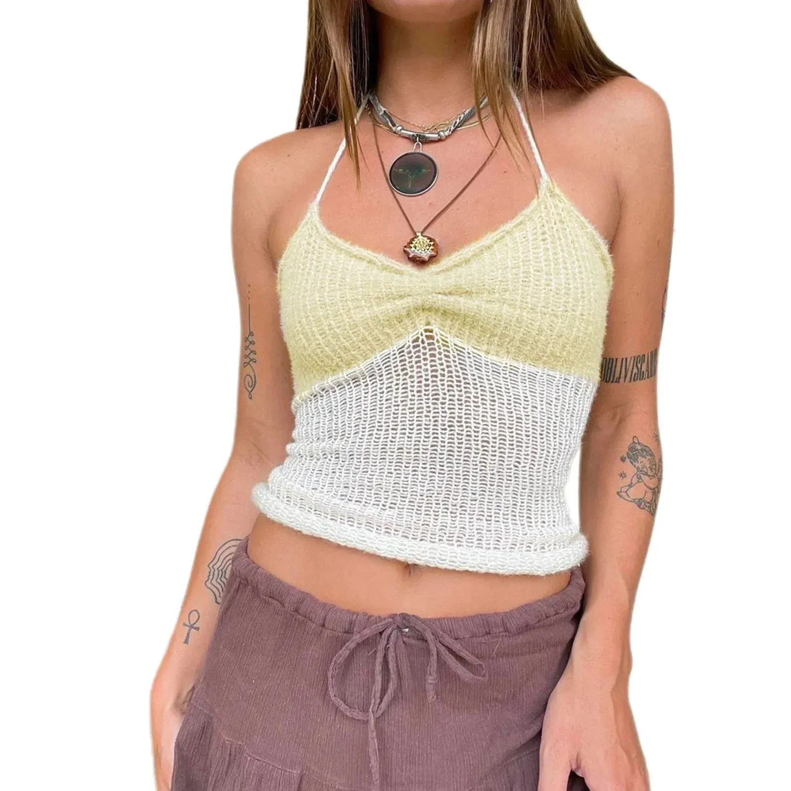 Women Knitted Crop Top Halter Neck Sleeveless Backless Hollow Out Slim Contrast Color Tank Y2k Top