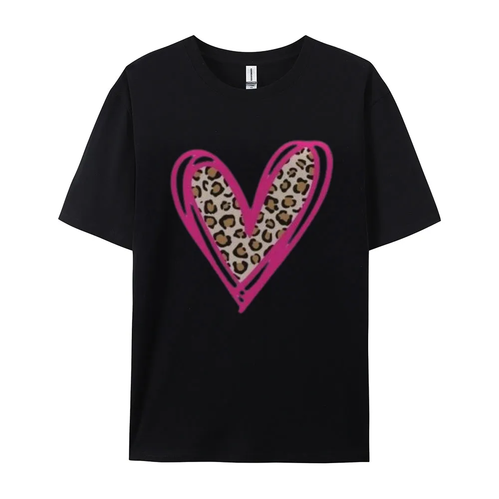 Women Love Leopard Heart Valentine's Day Print  Graphic T-shirt