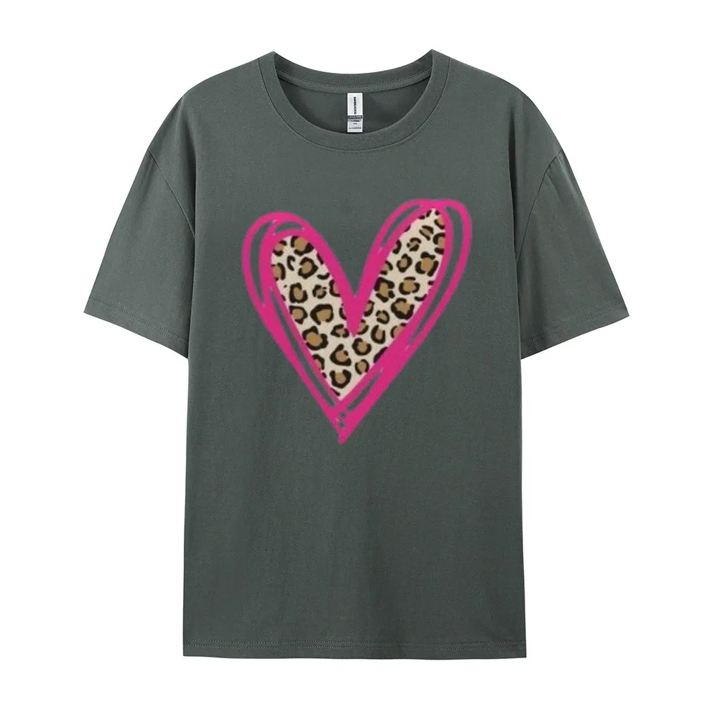 Women Love Leopard Heart Valentine's Day Print  Graphic T-shirt